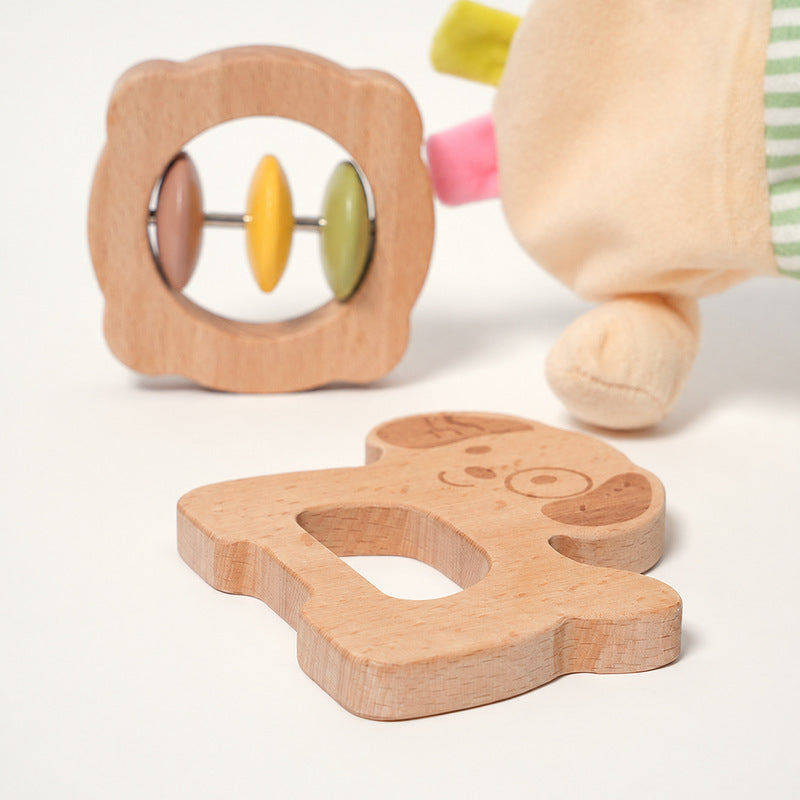 Baby Comfort Toy with Plush Dog, Rattle and Wooden Teether