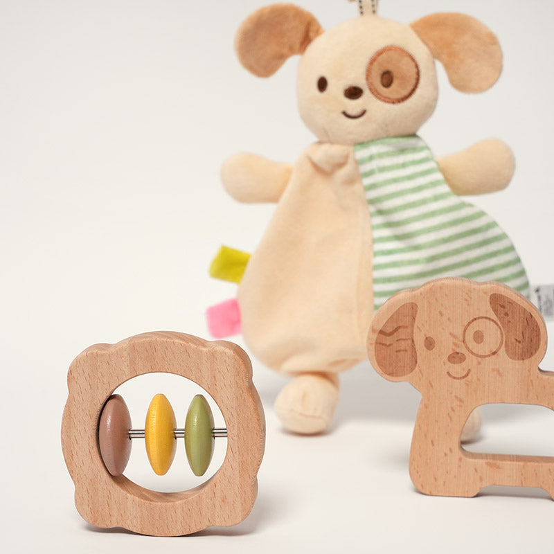 Baby Comfort Toy with Plush Dog, Rattle and Wooden Teether