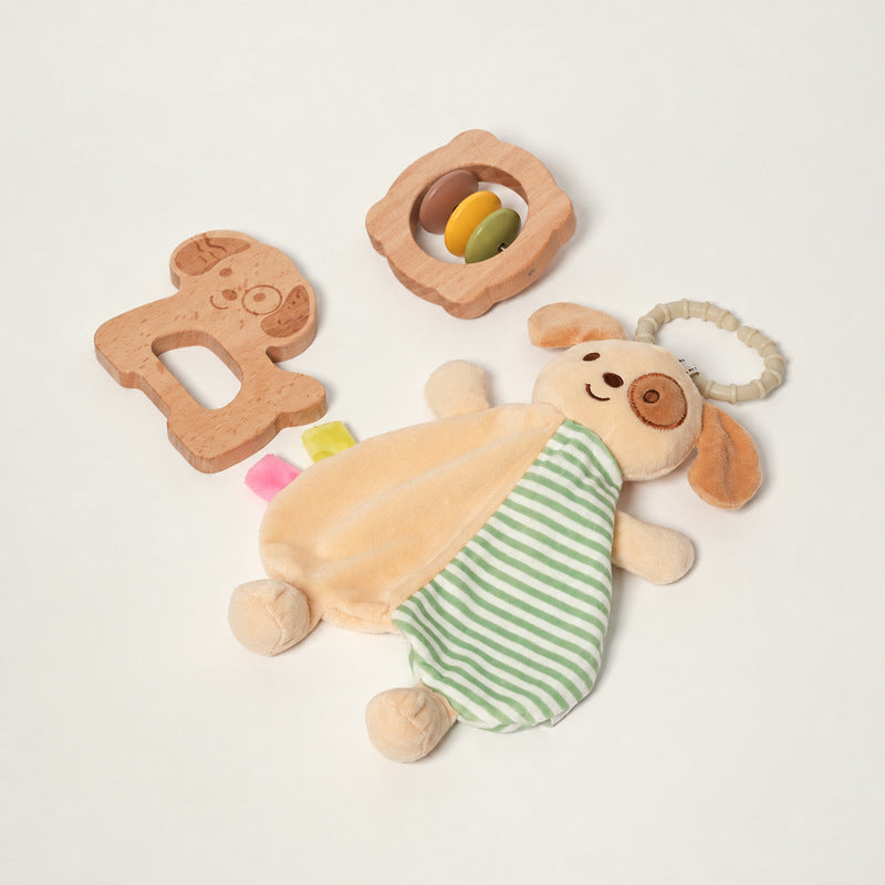 Baby Comfort Toy with Plush Dog, Rattle and Wooden Teether