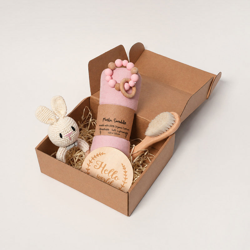 Baby Shower Gift Set with Natural Wooden Toys and Blanket