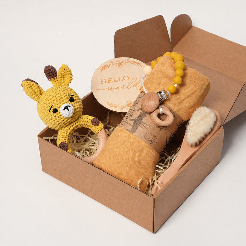 Baby Shower Gift Set with Natural Wooden Toys and Blanket