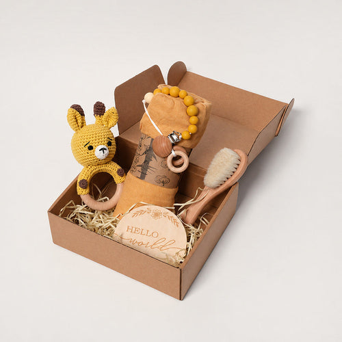 Baby Shower Gift Set with Natural Wooden Toys and Blanket