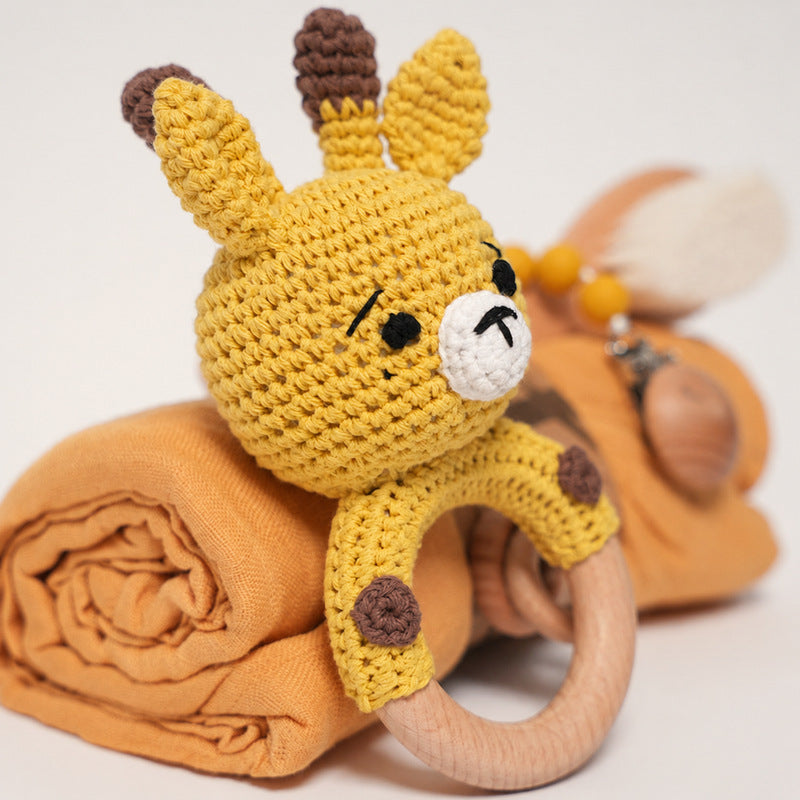 Baby Shower Gift Set with Natural Wooden Toys and Blanket