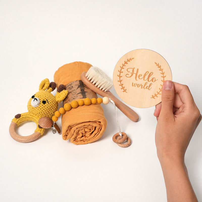 Baby Shower Gift Set with Natural Wooden Toys and Blanket