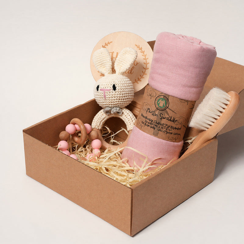 Baby Shower Gift Set with Natural Wooden Toys and Blanket