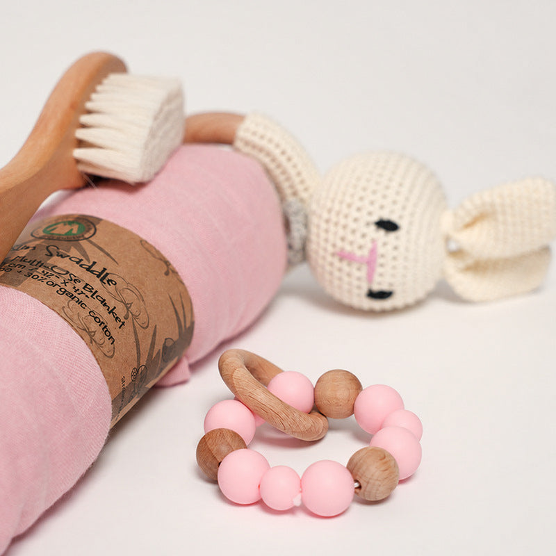 Baby Shower Gift Set with Natural Wooden Toys and Blanket