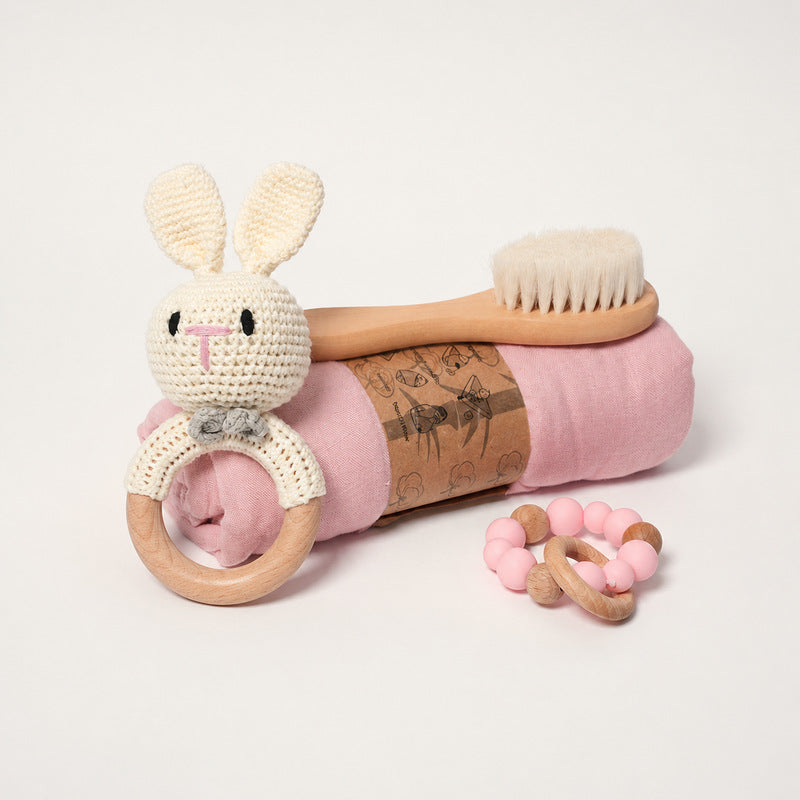 Baby Shower Gift Set with Natural Wooden Toys and Blanket