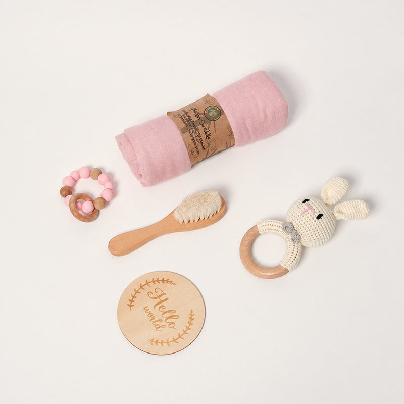 Baby Shower Gift Set with Natural Wooden Toys and Blanket