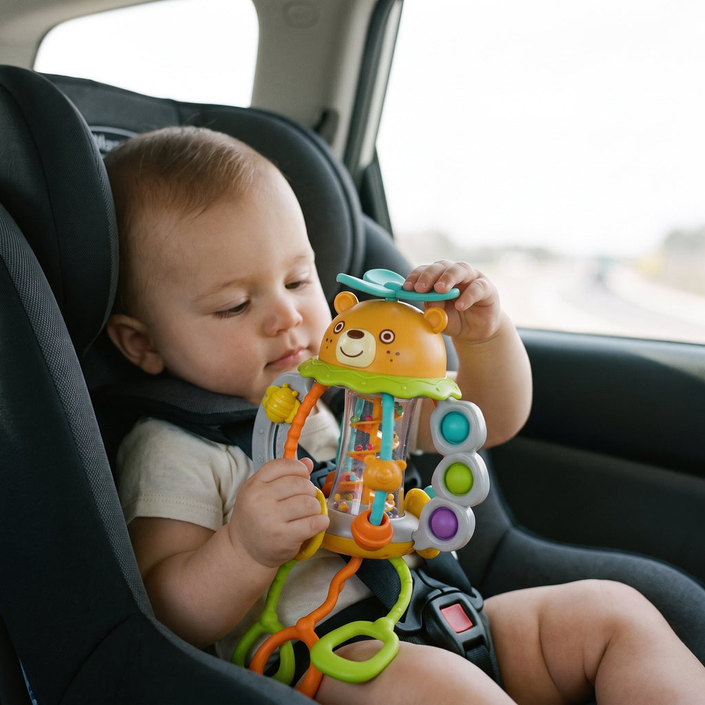 Bear Rattle & Teether, 3-in-1 Pull-String Sensory Toy for Babies