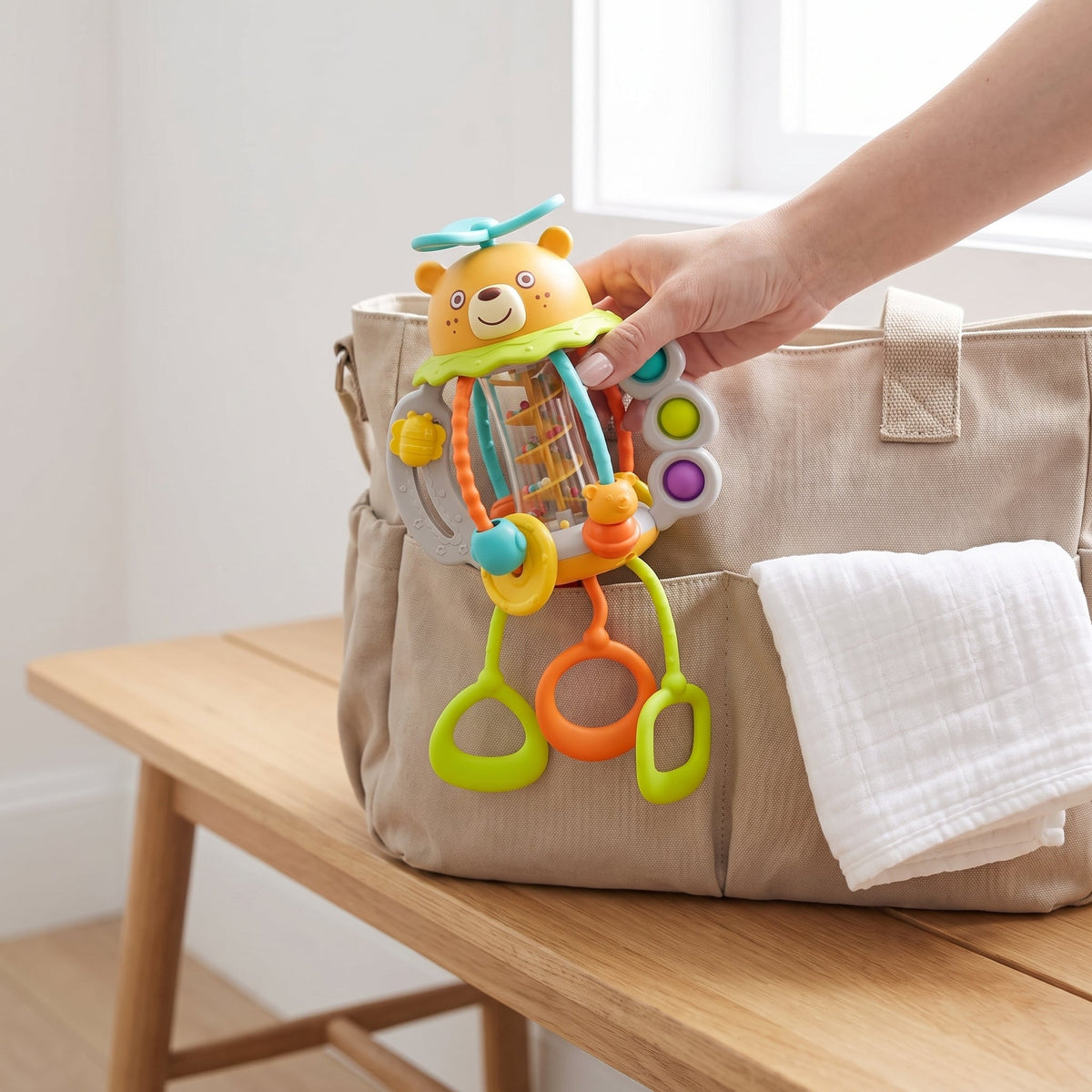 Bear Rattle & Teether, 3-in-1 Pull-String Sensory Toy for Babies