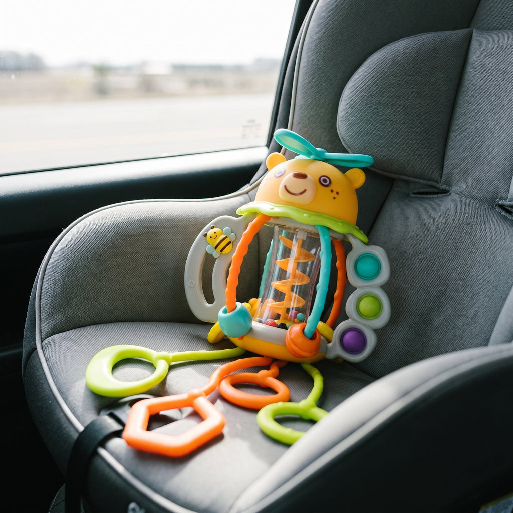 Bear Rattle & Teether, 3-in-1 Pull-String Sensory Toy for Babies