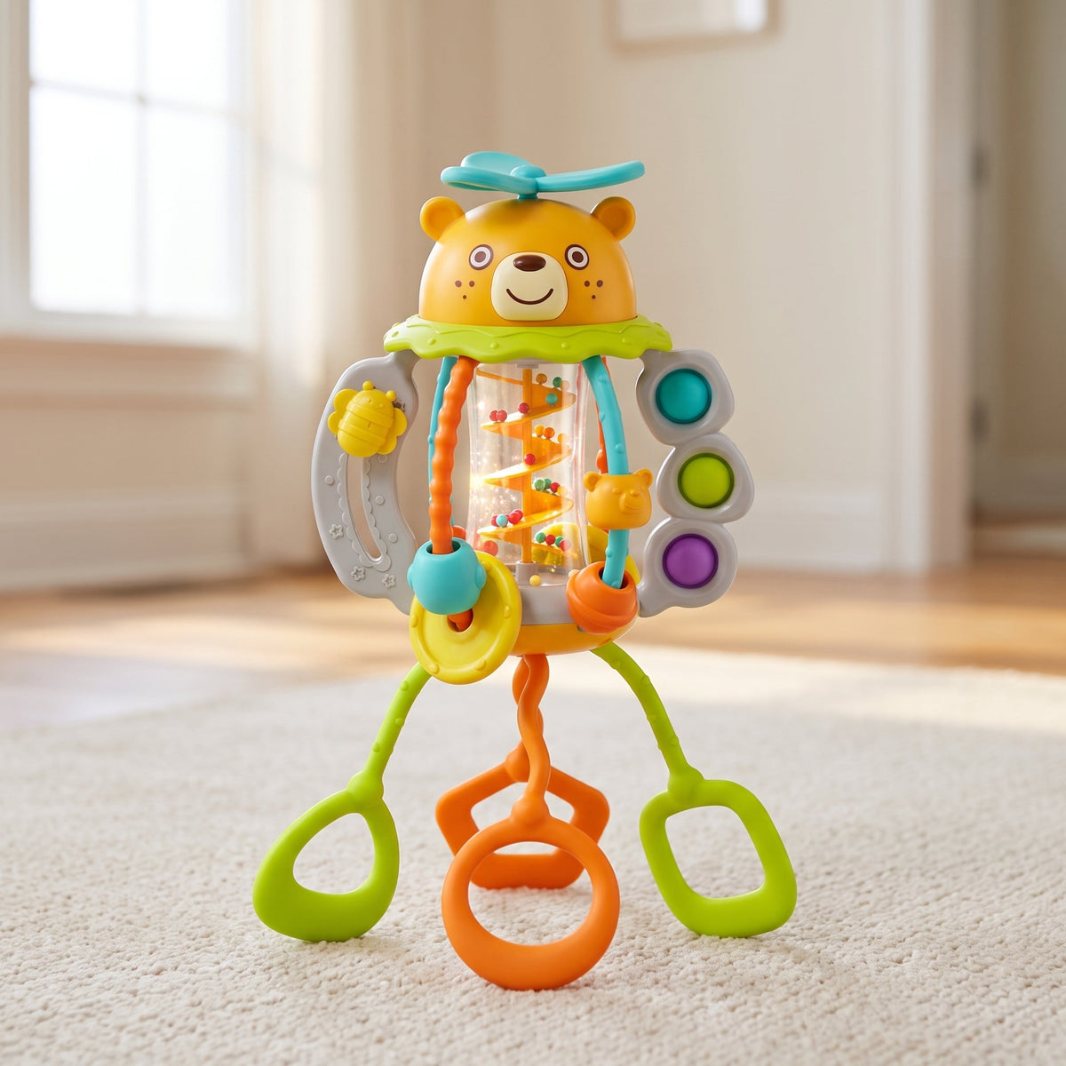 Bear Rattle & Teether, 3-in-1 Pull-String Sensory Toy for Babies