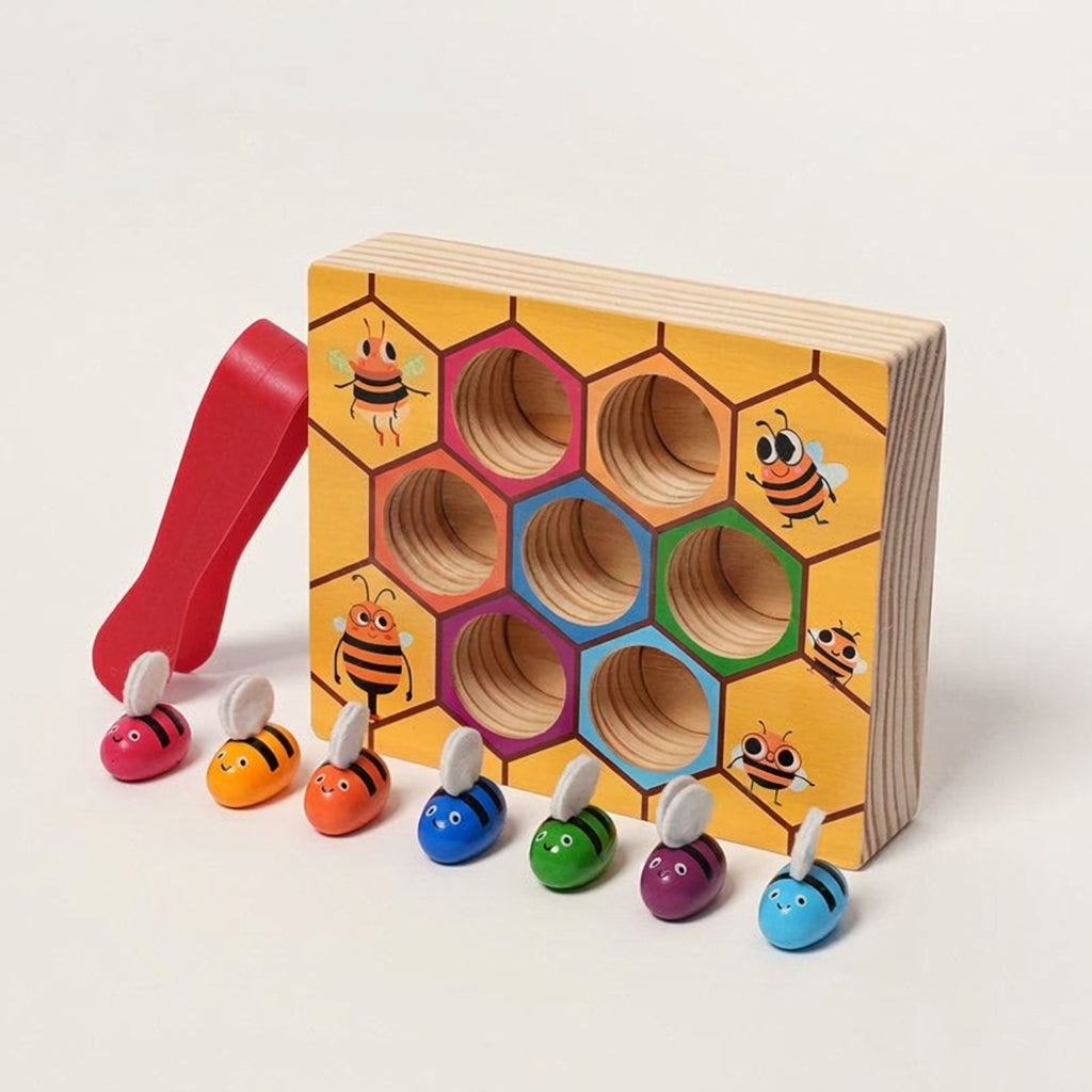 Bee Color Matching Toy with Wooden Honeycomb Board and Tweezers