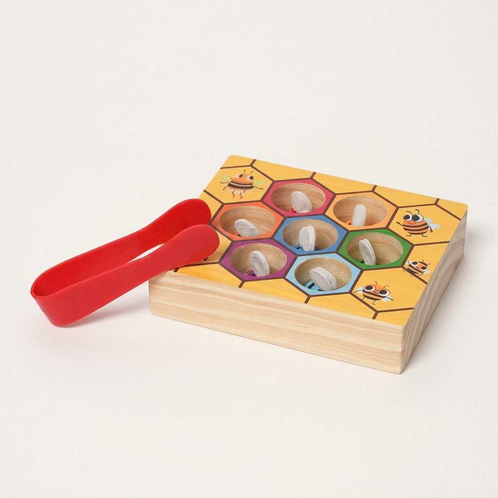 Bee Color Matching Toy with Wooden Honeycomb Board and Tweezers