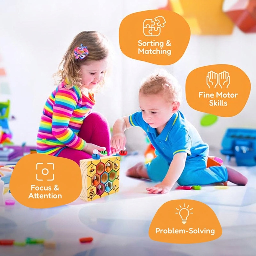 Bee Color Matching Toy with Wooden Honeycomb Board and Tweezers