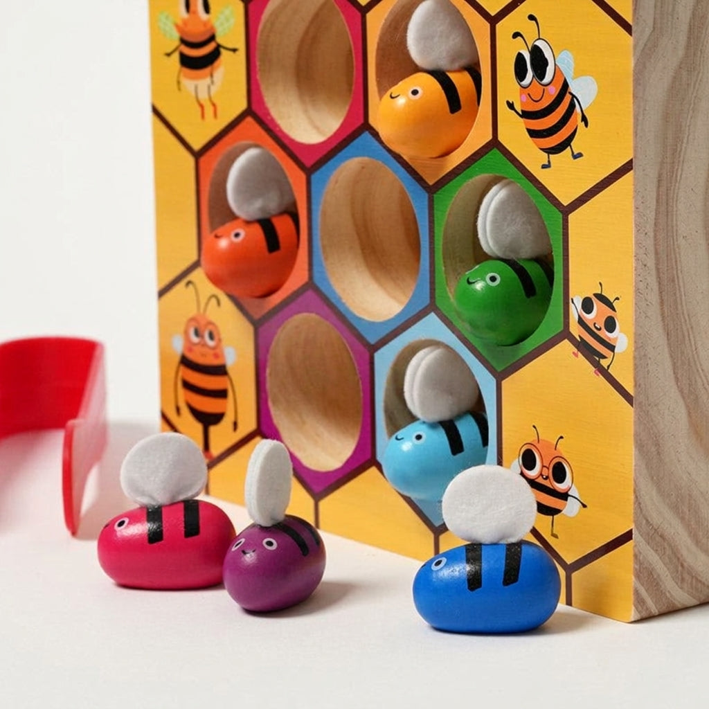 Bee Color Matching Toy with Wooden Honeycomb Board and Tweezers