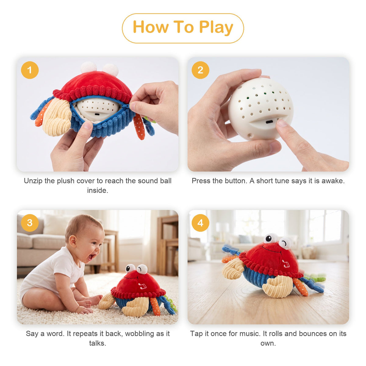 Musical Bouncing Crab Plush, Repeats Baby First Words