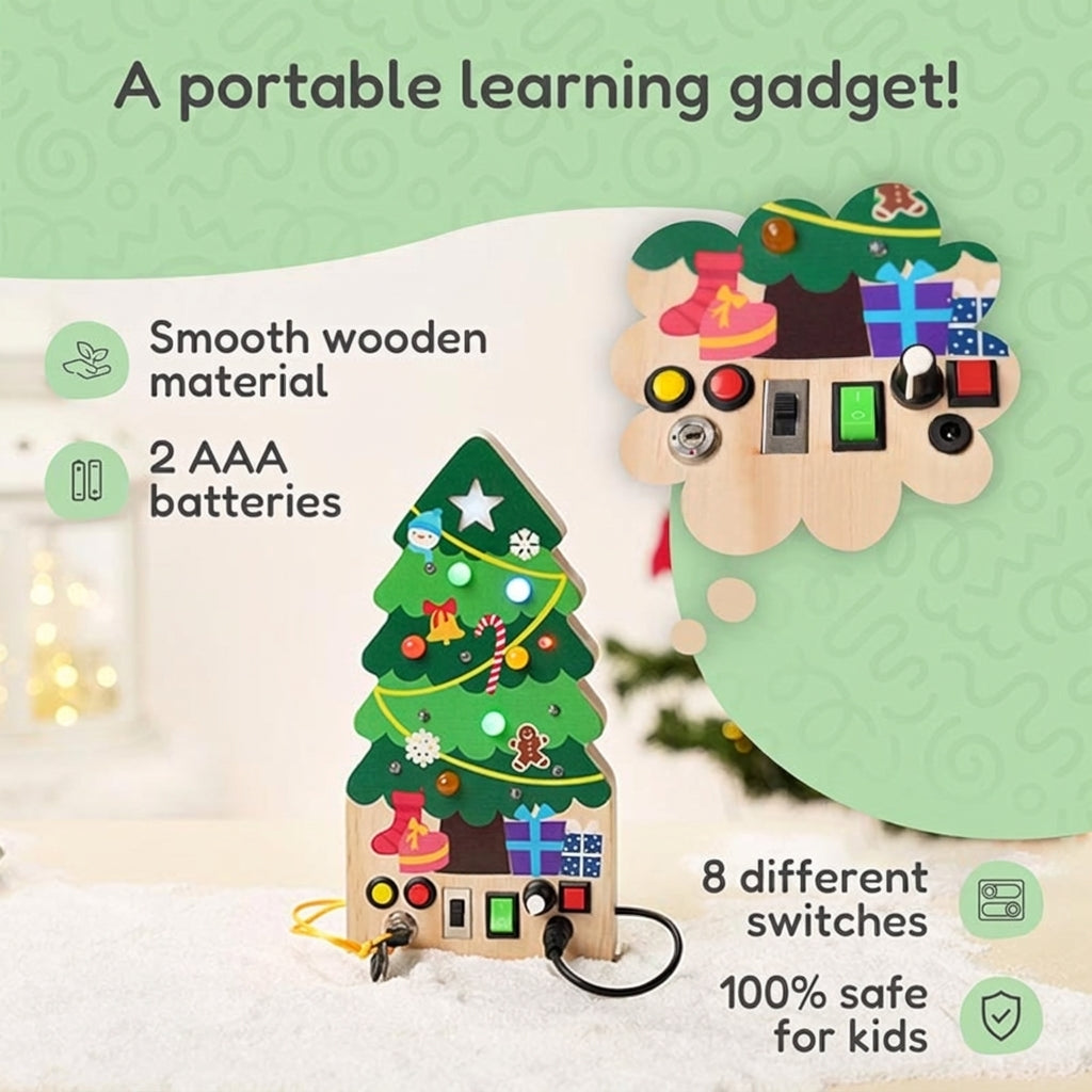 Busy Board Toy with Switches, Lights and Christmas Tree Design