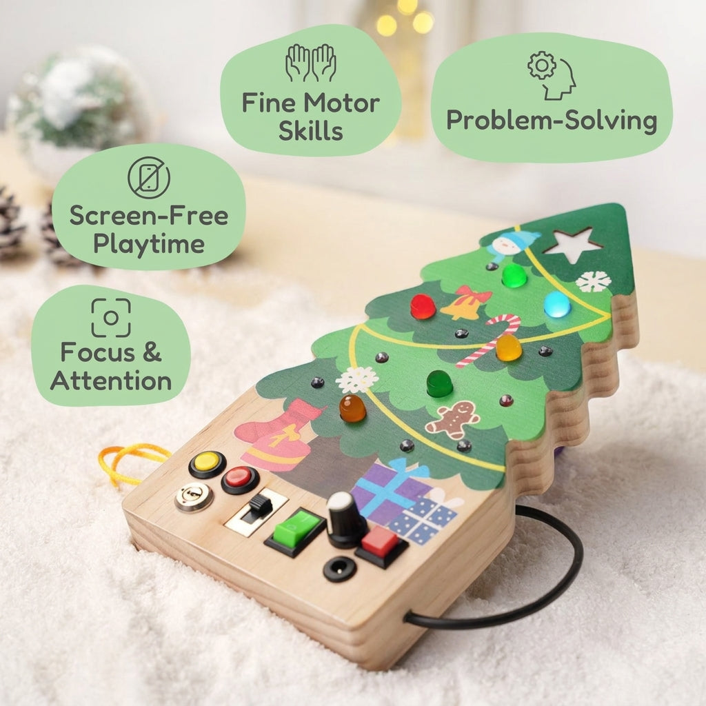 Busy Board Toy with Switches, Lights and Christmas Tree Design