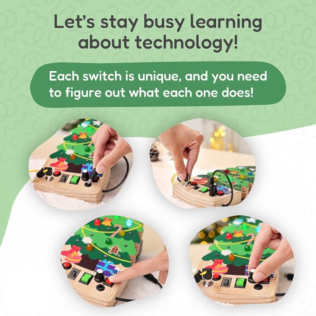 Busy Board Toy with Switches, Lights and Christmas Tree Design