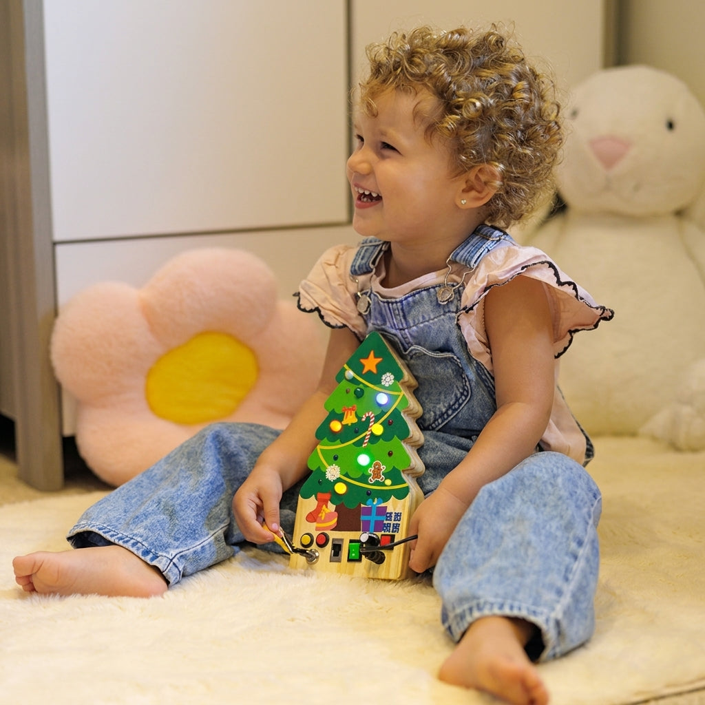 Busy Board Toy with Switches, Lights and Christmas Tree Design