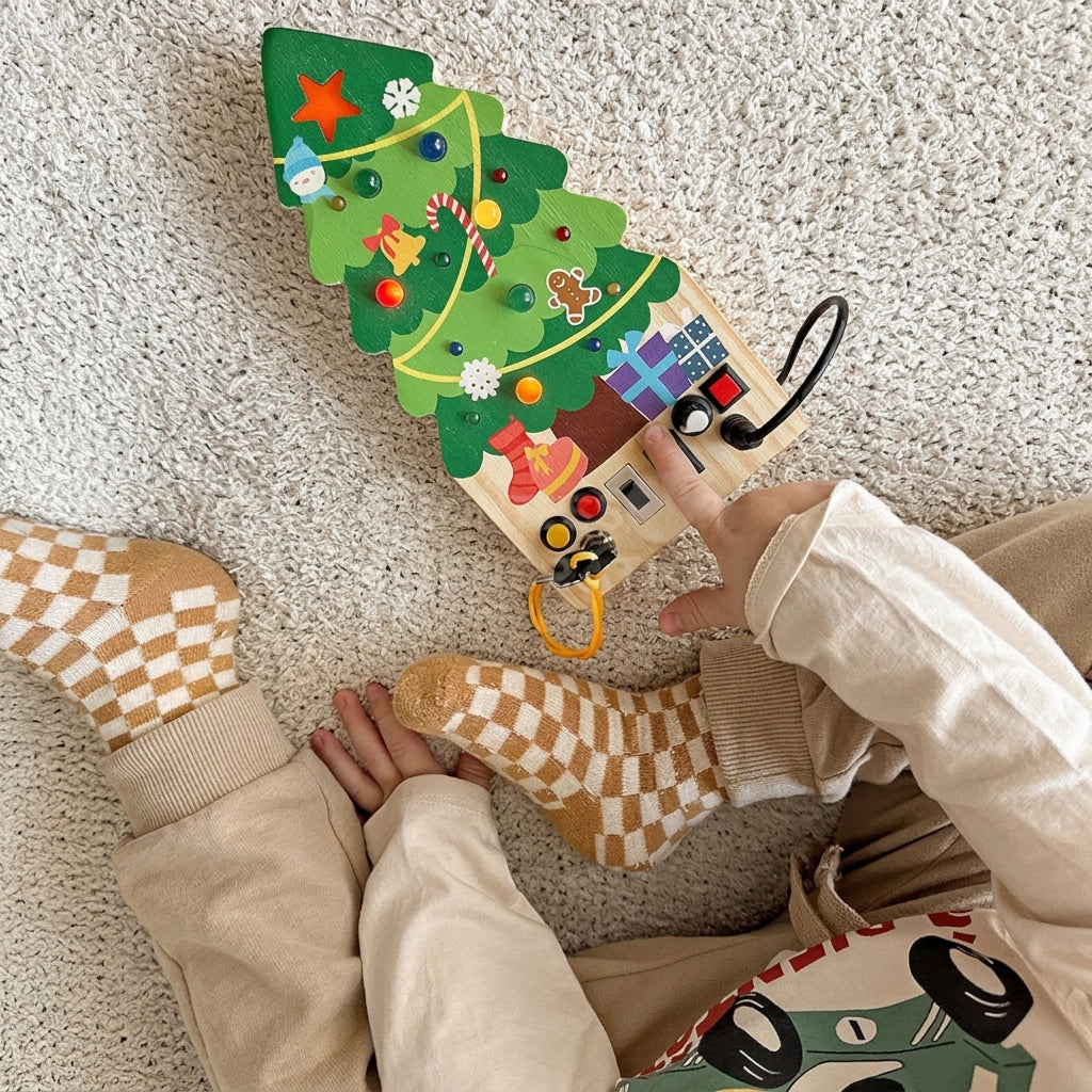 Busy Board Toy with Switches, Lights and Christmas Tree Design
