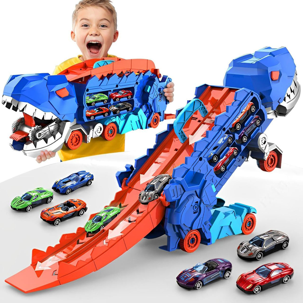 Dinosaur Car Carrier with Race Track and 4 Cars
