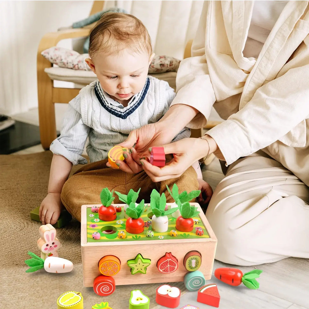 Wooden Shape Sorter Cart with Magnetic Worms and Vegetables
