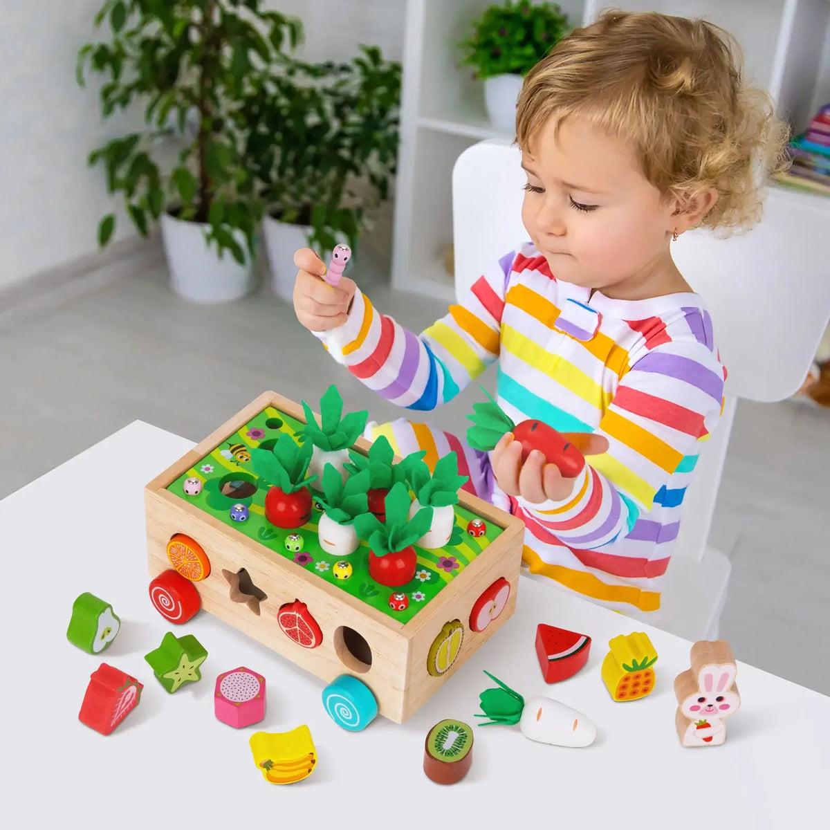 Wooden Shape Sorter Cart with Magnetic Worms and Vegetables