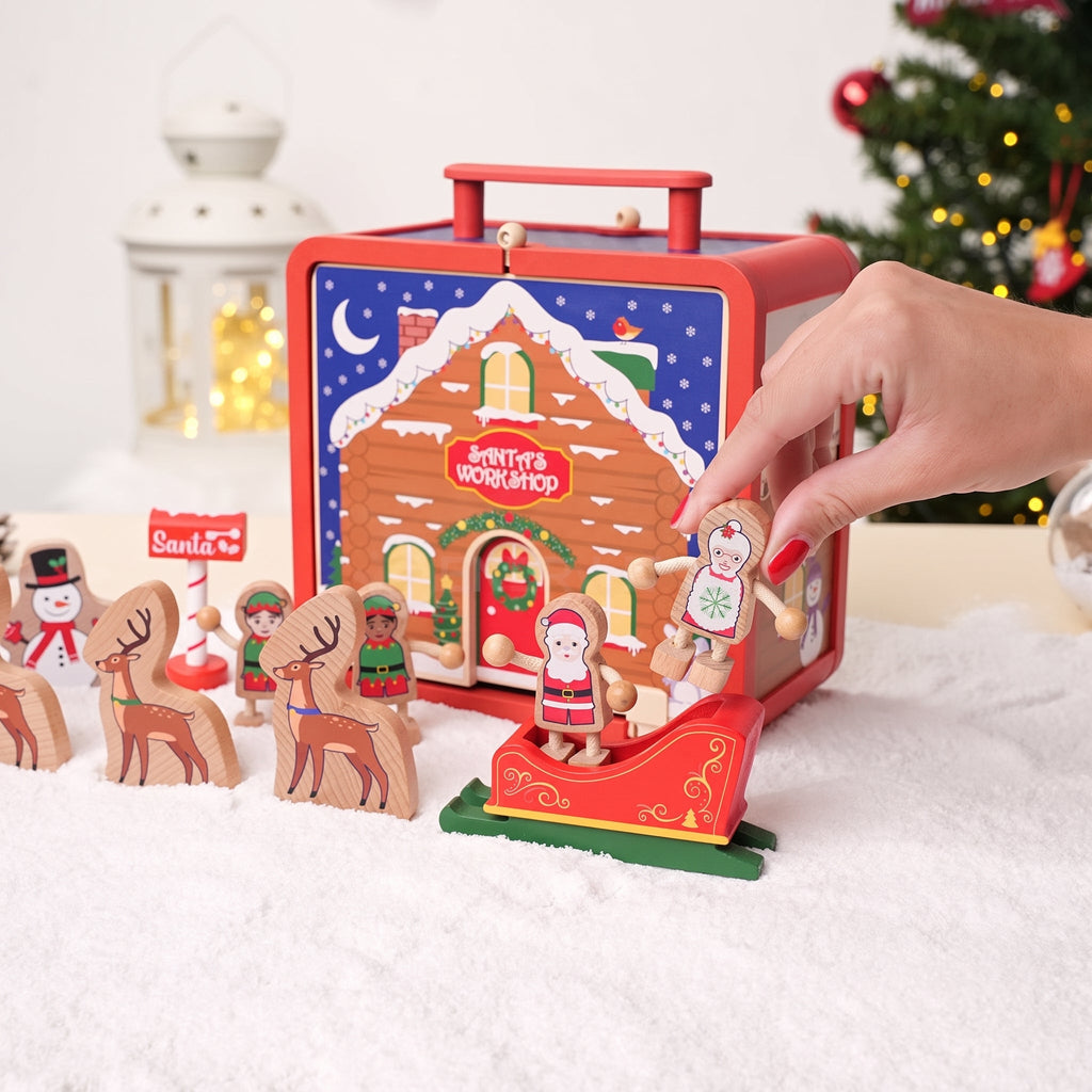 Christmas Dollhouse Toy, Foldable Santa's Workshop with Figurines