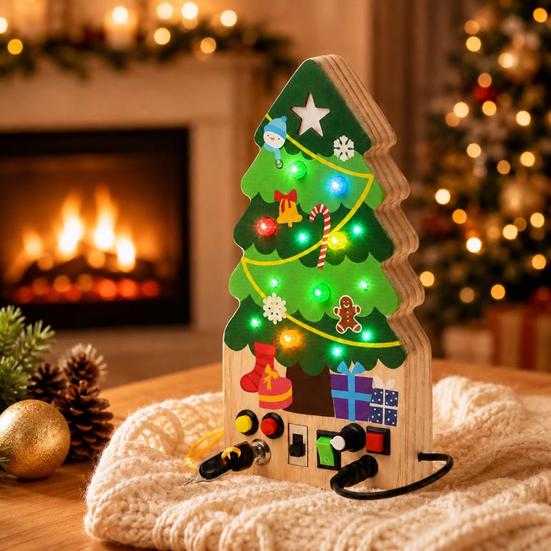Busy Board Toy with Switches, Lights and Christmas Tree Design