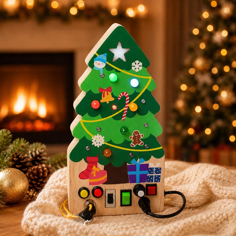 Busy Board Toy with Switches, Lights and Christmas Tree Design