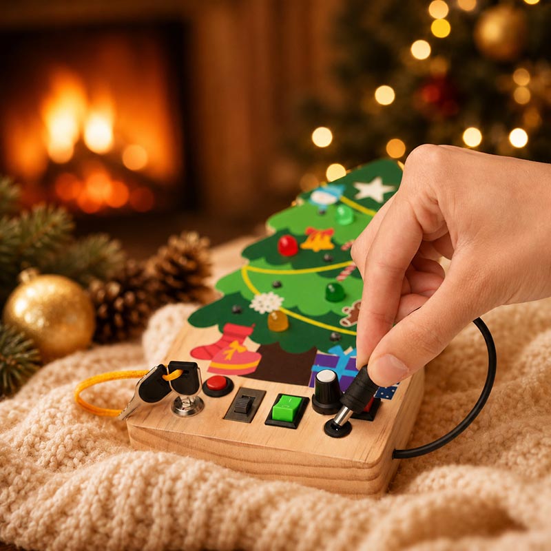 Busy Board Toy with Switches, Lights and Christmas Tree Design