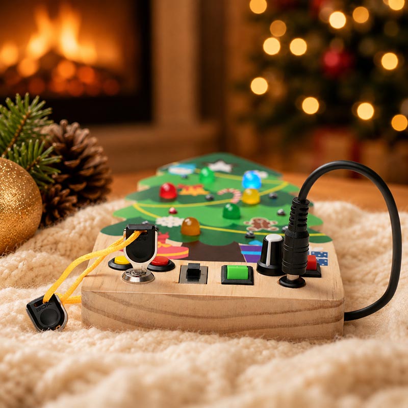 Busy Board Toy with Switches, Lights and Christmas Tree Design