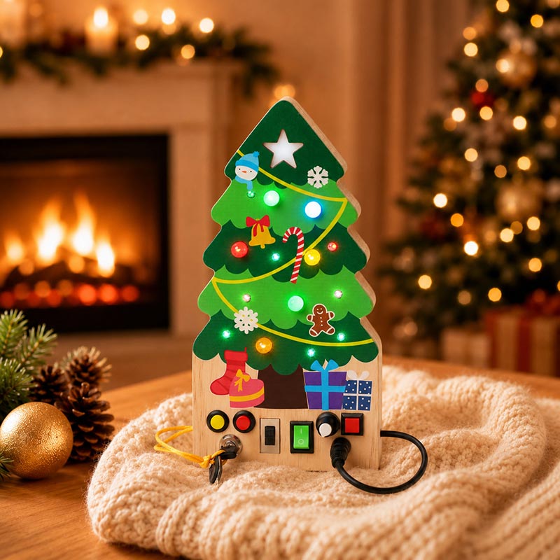 Busy Board Toy with Switches, Lights and Christmas Tree Design