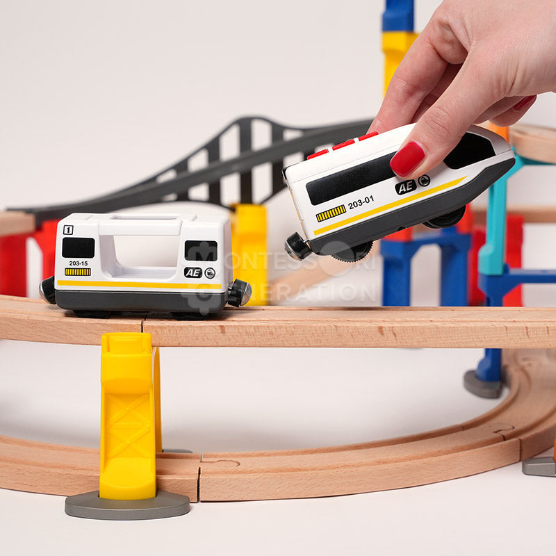 Wooden Train Set with Magnetic Crane and Elevated Tracks