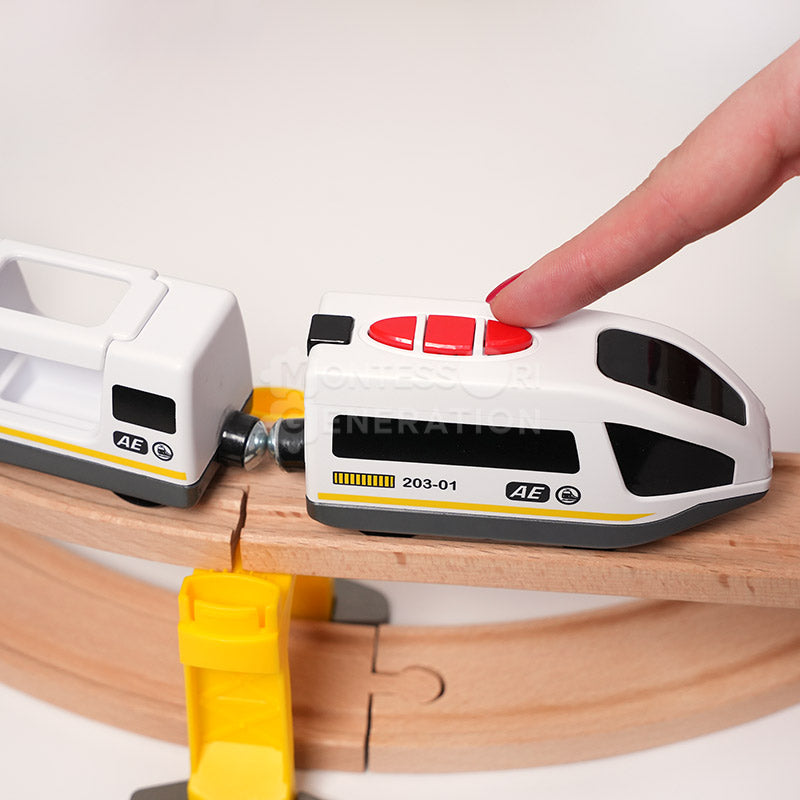 Wooden Train Set with Magnetic Crane and Elevated Tracks