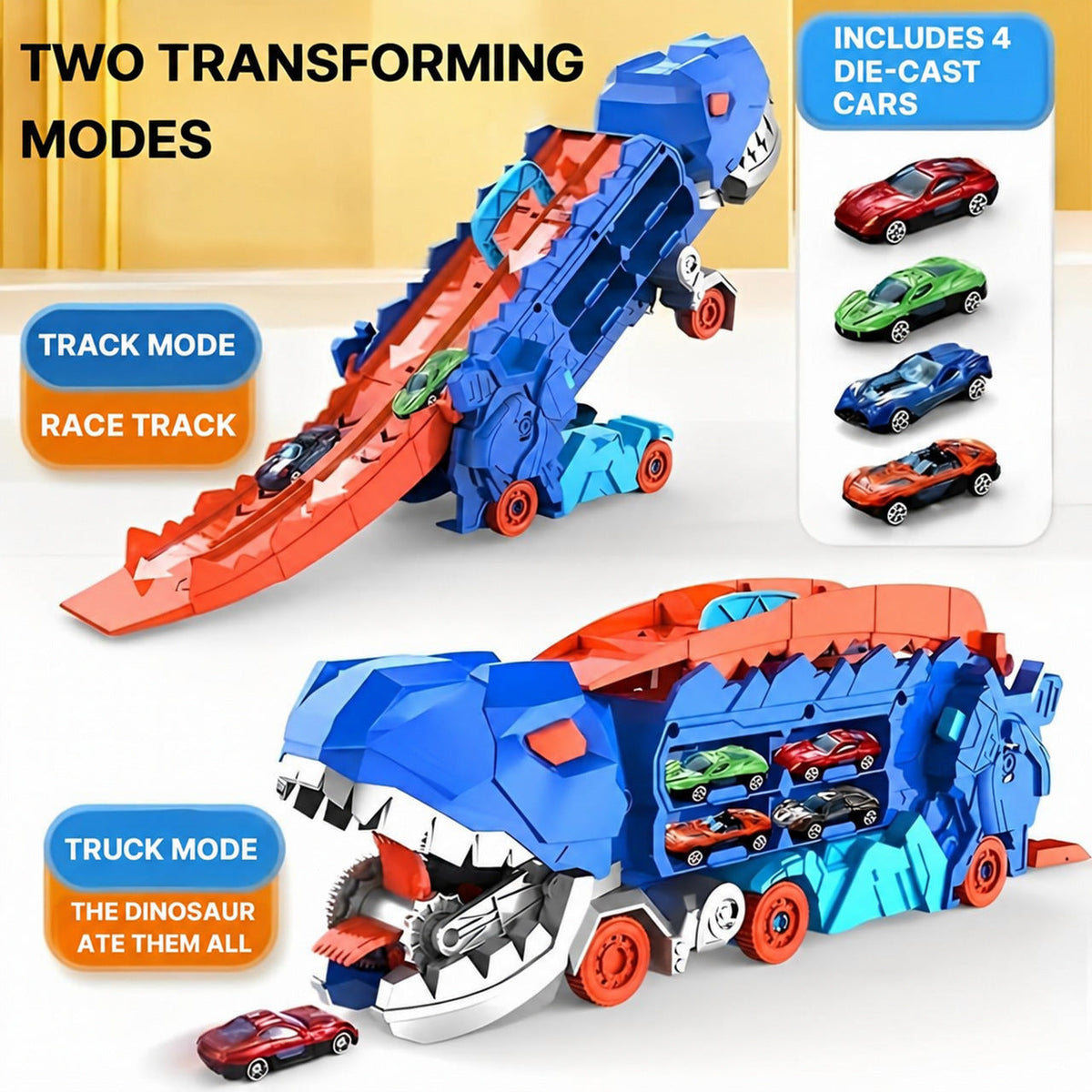 Dinosaur Car Carrier with Race Track and 4 Cars
