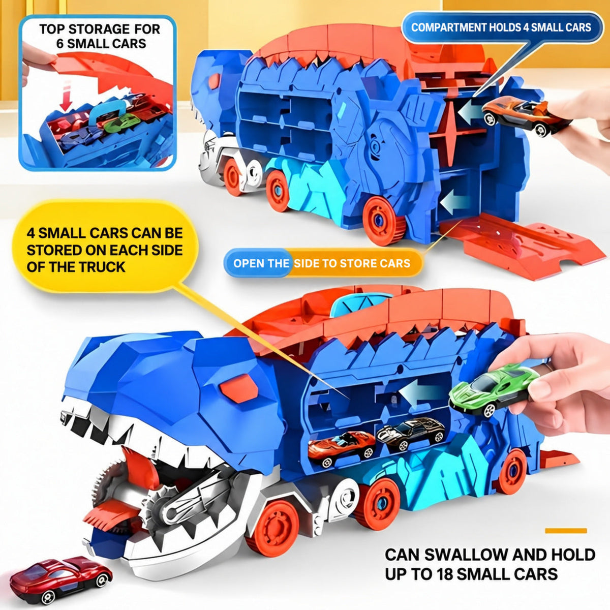 Dinosaur Car Carrier with Race Track and 4 Cars