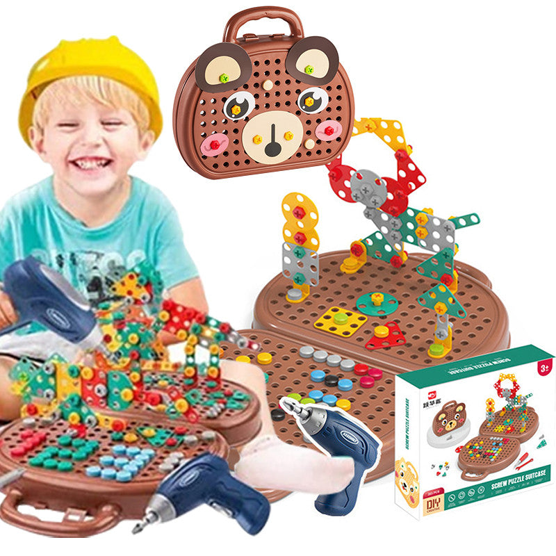 Drill Construction Toy Set with Electric Screwdriver and Mosaic Puzzle
