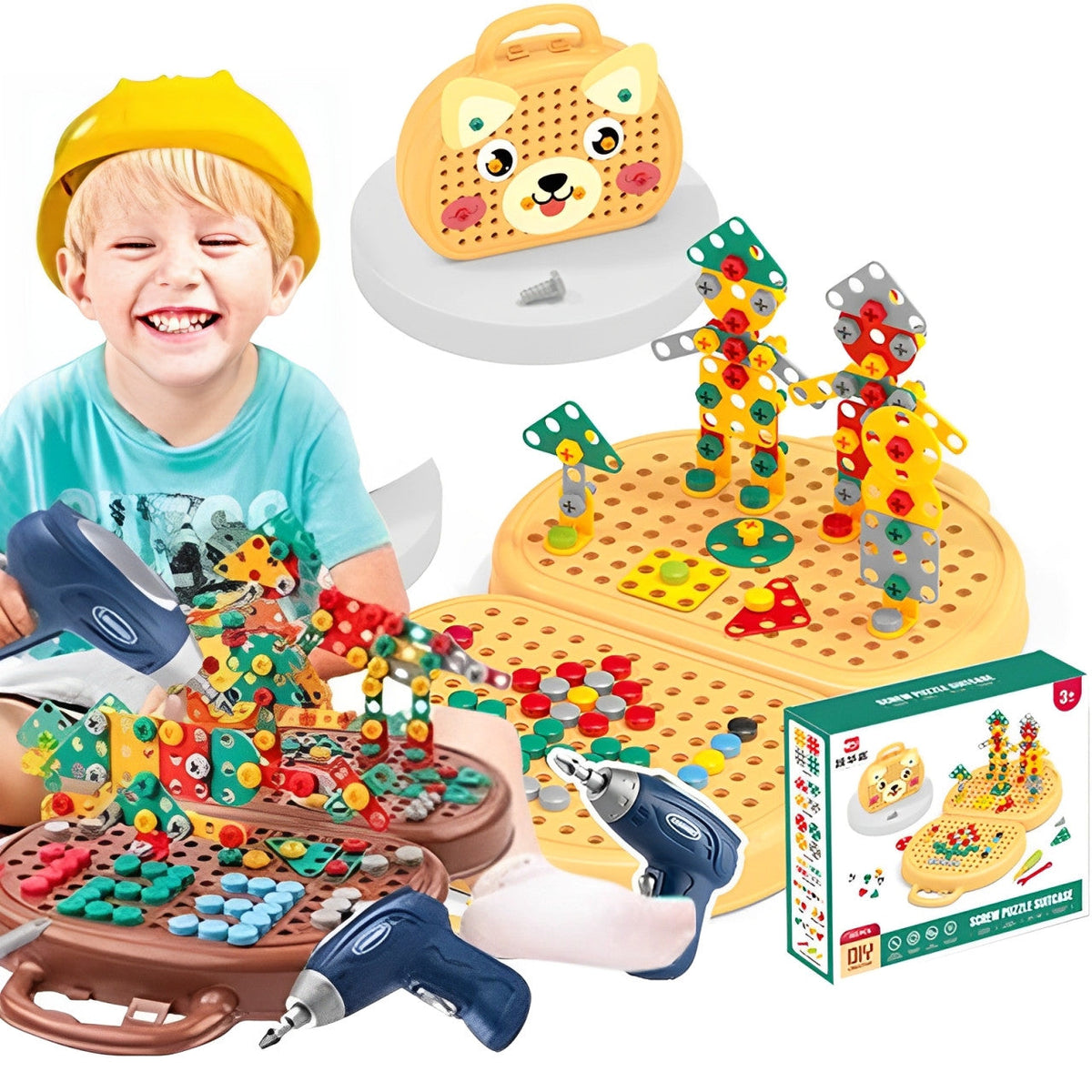 Drill Construction Toy Set with Electric Screwdriver and Mosaic Puzzle