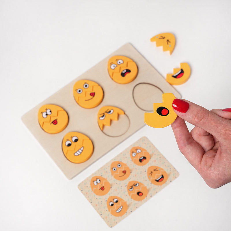 Emoji Wooden Puzzle with 12 Face Pieces and Pattern Cards