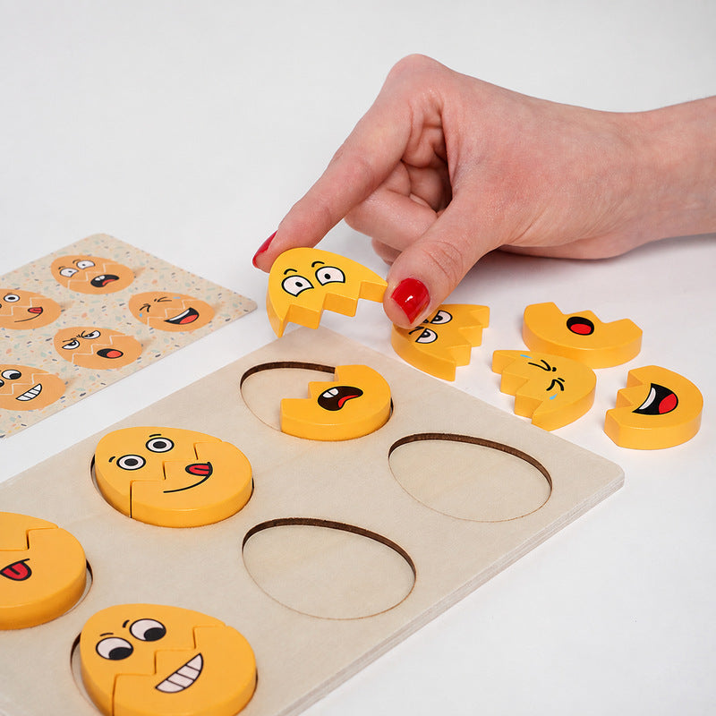 Emoji Wooden Puzzle with 12 Face Pieces and Pattern Cards
