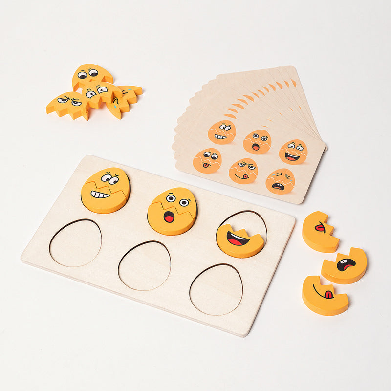 Emoji Wooden Puzzle with 12 Face Pieces and Pattern Cards
