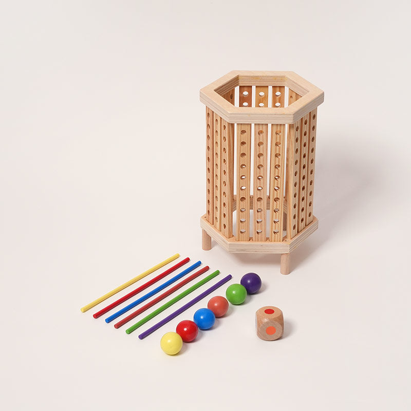 Wooden Ball Drop Game, Hexagonal Tower with Sticks and Dice