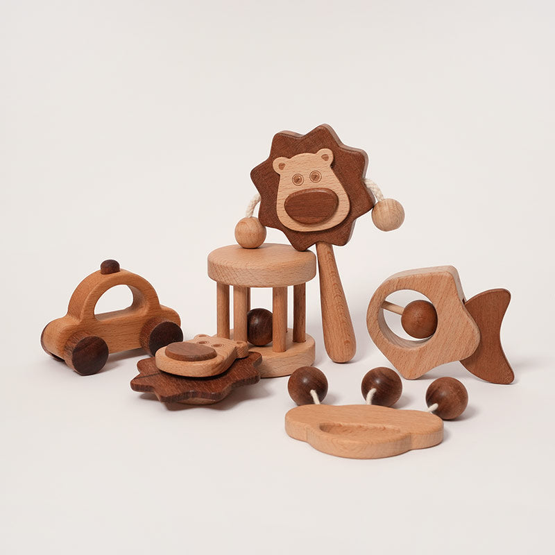 Wooden Baby Rattles Set with Lion, Car & Shapes for First Play