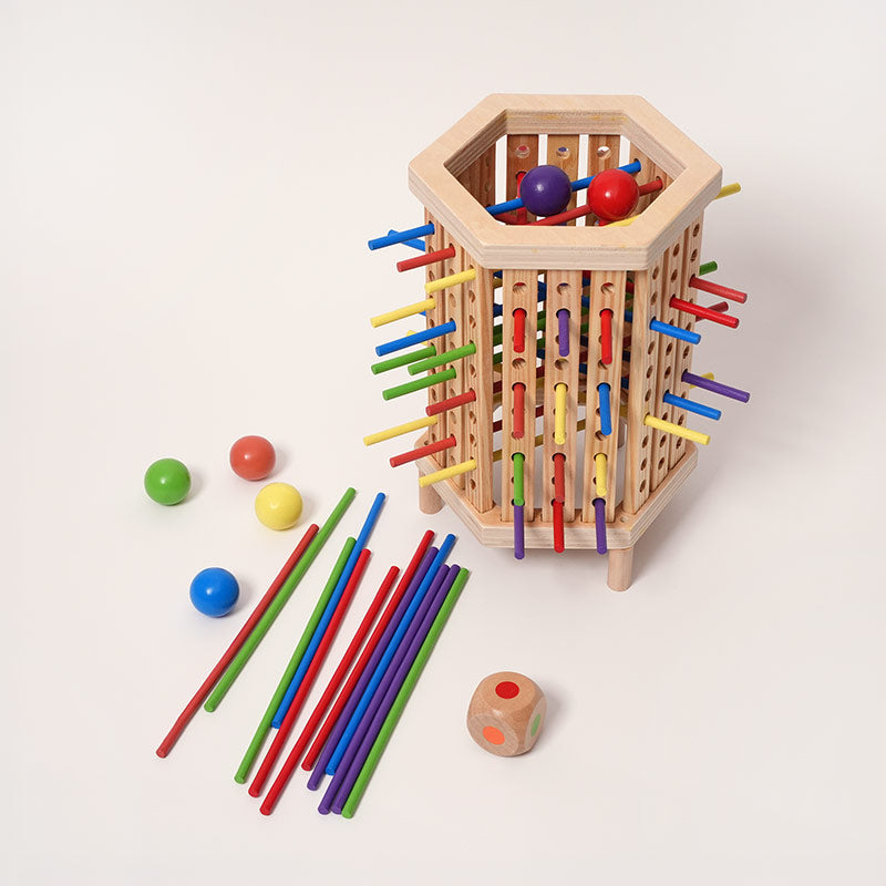 Wooden Ball Drop Game, Hexagonal Tower with Sticks and Dice