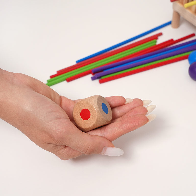 Wooden Ball Drop Game, Hexagonal Tower with Sticks and Dice