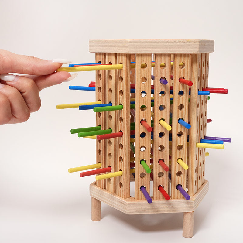 Wooden Ball Drop Game, Hexagonal Tower with Sticks and Dice
