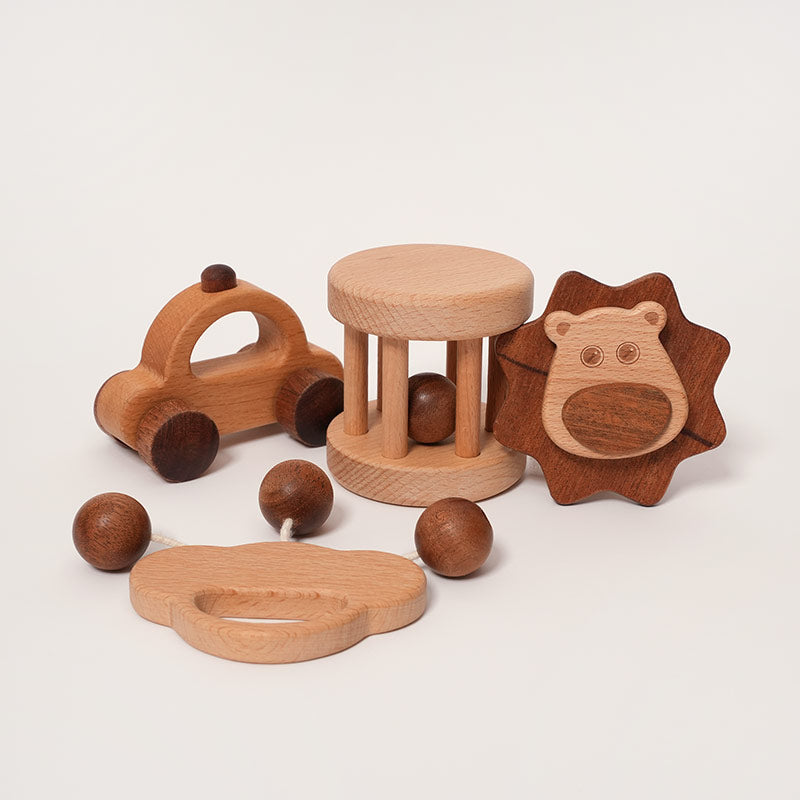 Wooden Baby Rattles Set with Lion, Car & Shapes for First Play